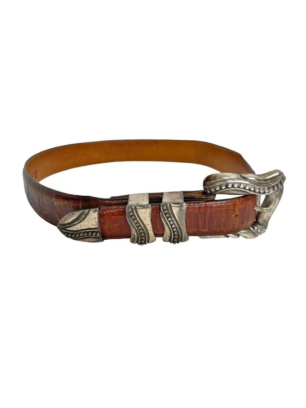 Vintage 90s Onyx Western Croc Embossed Leather Belt Brown Silver Buckle Size 28